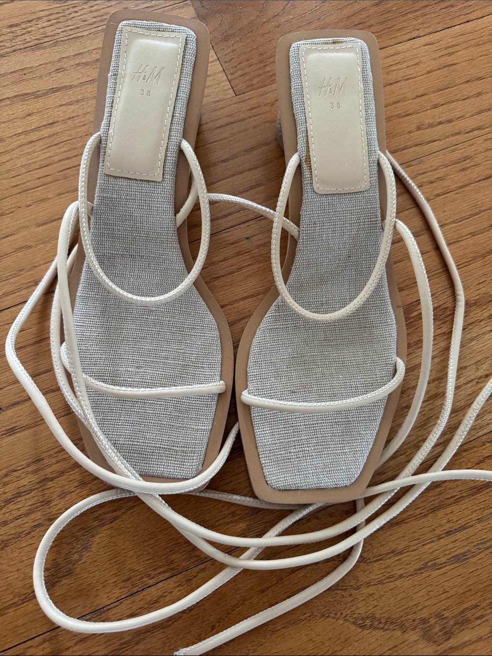 H&M Beige Woven Design Tie-Strap Sandals with Mini Heel